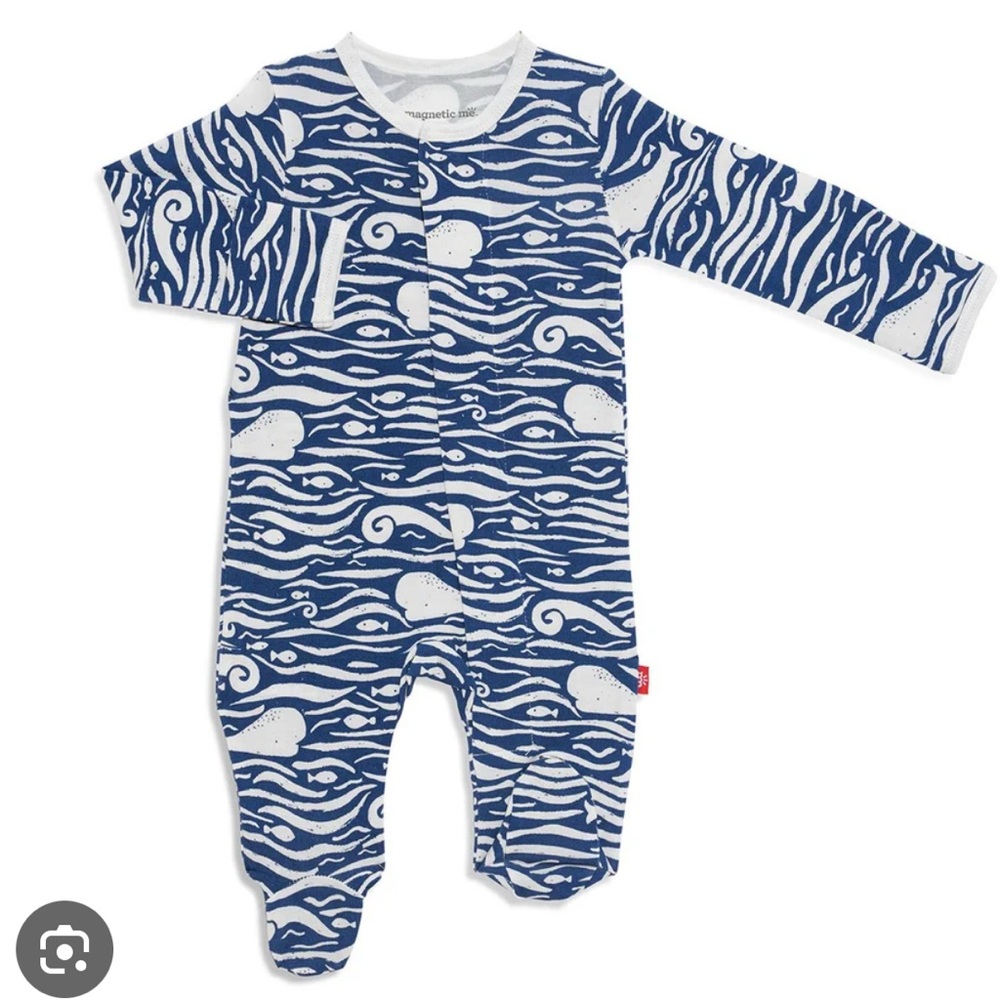 Magnetic Me Blue and White whale hello there footie, size 3-6 months